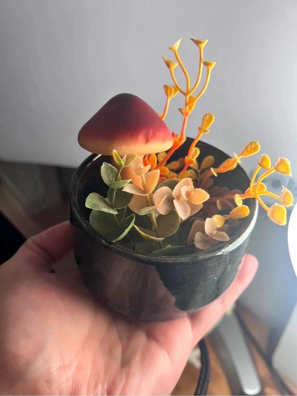 Decorative Navy Blue Glazed Ceramic Bowl with Faux Mushroom & Foliage - Unique
